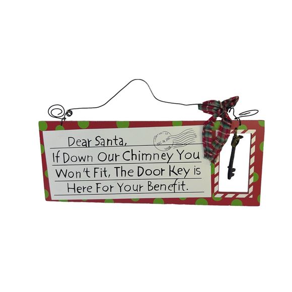 Christmas Wooden Hanging Sign “Dear Santa” Key for Door Red Green Dots 12x7x1 - Picture 3 of 4